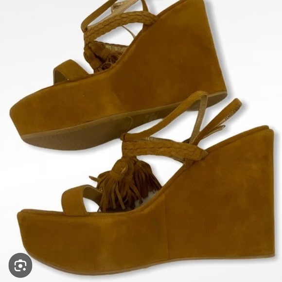 Stuart Weitzman Tassel Suede Wedge Sandals - Picture 3 of 9